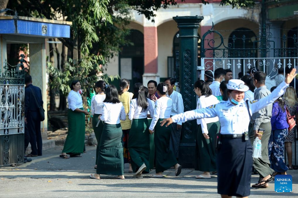 Students enter a high school for the matriculation exam for the academic year 2023-24 in Yangon, Myanmar, March 11, 2024.(Photo: Xinhua)