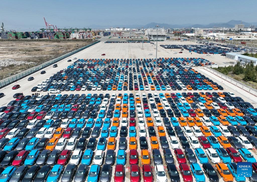 An aerial drone photo taken on March 12, 2024 shows vehicles for export parking at Jiangyin terminal of Fuzhou Port in Fuzhou, southeast China's Fujian Province.(Photo: Xinhua)