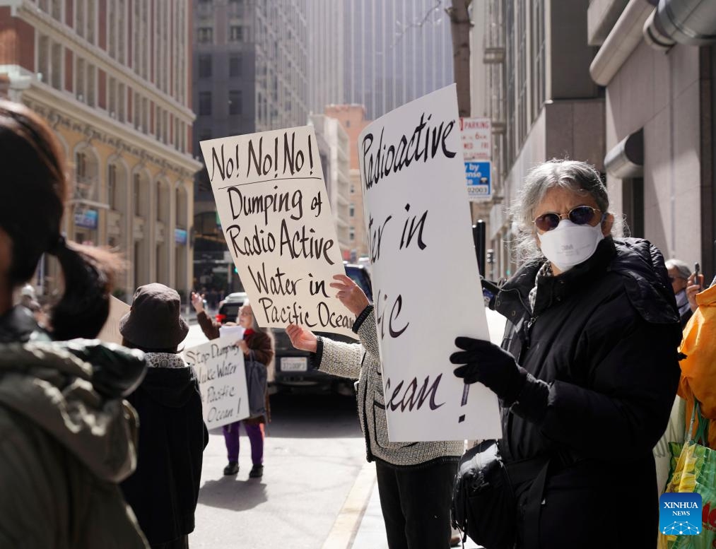 People take part in a rally against Japan's ocean discharge of Fukushima nuclear-contaminated wastewater in front of the Consulate General of Japan in San Francisco, California, the United States, March 11, 2024.(Photo: Xinhua)