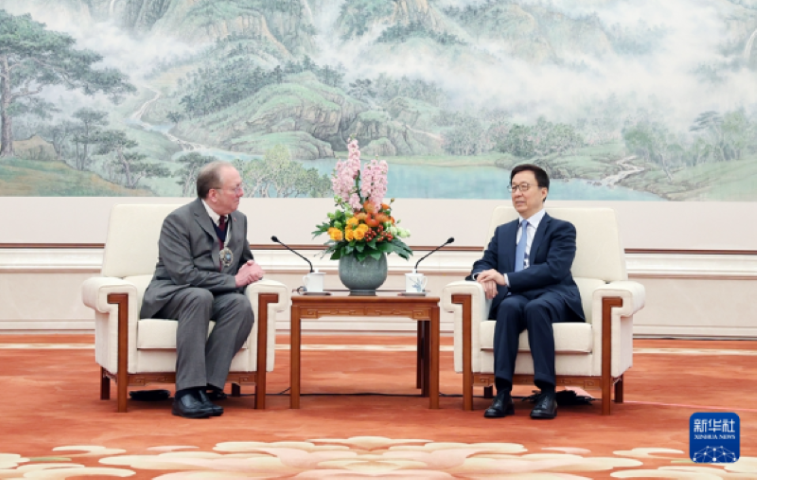 Chinese Vice President Han Zheng meets with London mayor William Russell in Beijing on March 20, 2024. (Xinhua) 

