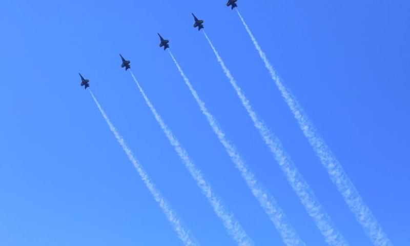 The U.S. Navy Blue Angels perform in the sky during the New Orleans Airshow at Naval Air Station Joint Reserve Base in Belle Chasse, Louisiana, the United States, March 23, 2024. (Photo by Lan Wei/Xinhua)