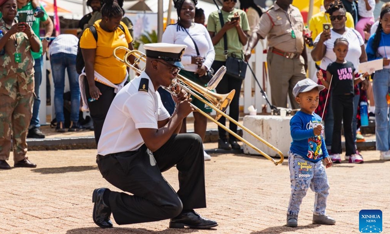 A member of South African Navy Band performs during the Rand Show 2024 in Johannesburg, South Africa, March 30, 2024. The Rand Show 2024, the annual entertainment and shopping extravaganza in South Africa, is held from March 28 to April 1 at the Johannesburg Expo Center. (Xinhua/Zhang Yudong)