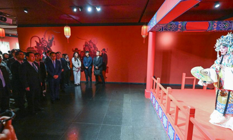 Ma Ying-jeou, former chairman of the Chinese Kuomintang party, and members of a delegation of young people from Taiwan watch a Peking Opera performance at the National Center for the Performing Arts (NCPA) in Beijing, capital of China, April 7, 2024. Ma and the Taiwan youth delegation led by him visited the NCPA on Sunday. (Xinhua/Chen Yehua)