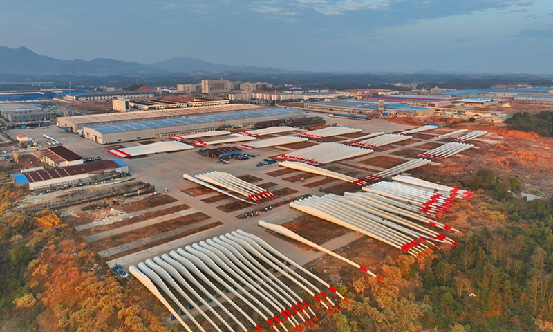 This aerial photo taken on January 14, 2024 shows wind turbine blades prepared for shipment in Pingxiang, East China's Jiangxi Province. Photo: VCG