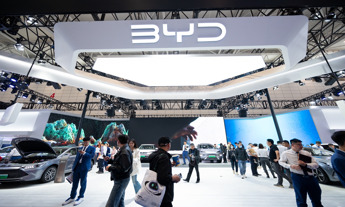 BYD Auto's booth is seen at the 49th Qilu International Auto Show on April 11, 2024 in Jinan, East China's Shandong Province. On the previous day, the China Association of Automobile Manufacturers released the first-quarter sales and production data. Production totaled 6.606 million vehicles, up 6.4 percent year-on-year, with sales up 4.6 percent to 6.72 million. Photo: VCG