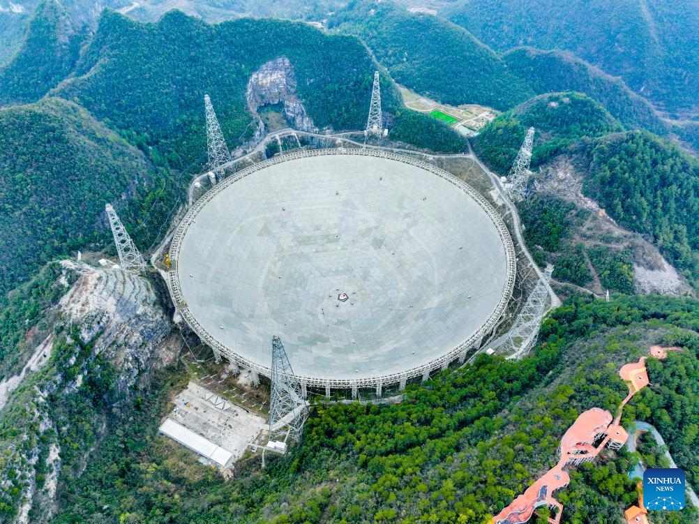 A drone photo taken on Feb. 26, 2024 shows China's Five-hundred-meter Aperture Spherical Radio Telescope (FAST) under maintenance in southwest China's Guizhou Province. China's Five-hundred-meter Aperture Spherical Radio Telescope (FAST), the world's largest single-dish radio telescope, has identified more than 900 new pulsars since its launch in 2016, its operator said Wednesday.(Photo: Xinhua)