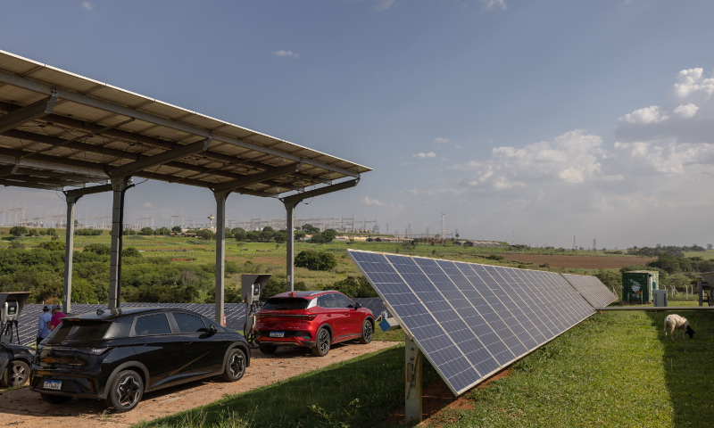 A solar charging station at the BYD electric bus and solar panel factory in Campinas, Brazil, on November 14, 2023. The Campinas factory was opened in 2015. Photo: VCG