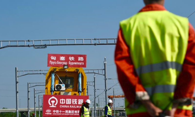 Construction workers of the Belgrade-Budapest railway project work on the tracks on the Novi Sad-Subotica section in Sajlovo, Serbia, on April 11, 2024. Once operational, the high-speed railway will be equipped with modern signaling and safety systems, significantly reducing travel time between the two cities. (Xinhua/Zheng Kaijun)