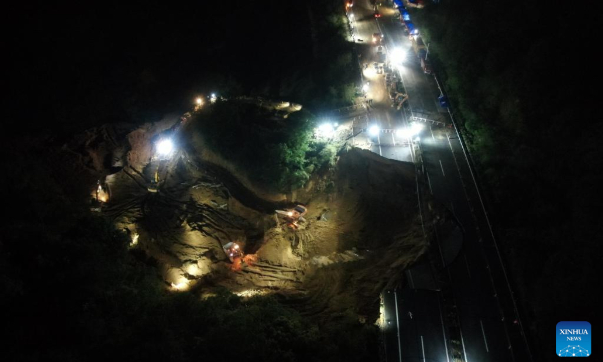 An aerial drone photo taken on May 2, 2024 shows rescuers working at the site of an expressway collapse on the Meizhou-Dabu Expressway in Meizhou, south China's Guangdong Province. At about 2:10 a.m. on May 1, a landslide occurred in the Chayang section of the Meizhou-Dabu Expressway in Meizhou City, Guangdong Province. As of 3:30 p.m. on May 2, the disaster had caused 48 deaths and 30 injuries. (Photo: Xinhua)