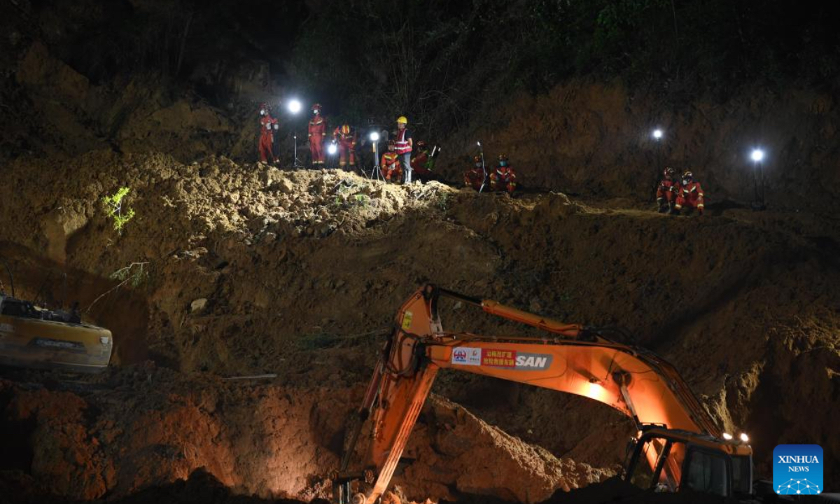 Rescuers work at the site of an expressway collapse on the Meizhou-Dabu Expressway in Meizhou, south China's Guangdong Province, May 2, 2024. At about 2:10 a.m. on May 1, a landslide occurred in the Chayang section of the Meizhou-Dabu Expressway in Meizhou City, Guangdong Province. As of 3:30 p.m. on May 2, the disaster had caused 48 deaths and 30 injuries. (Photo: Xinhua)