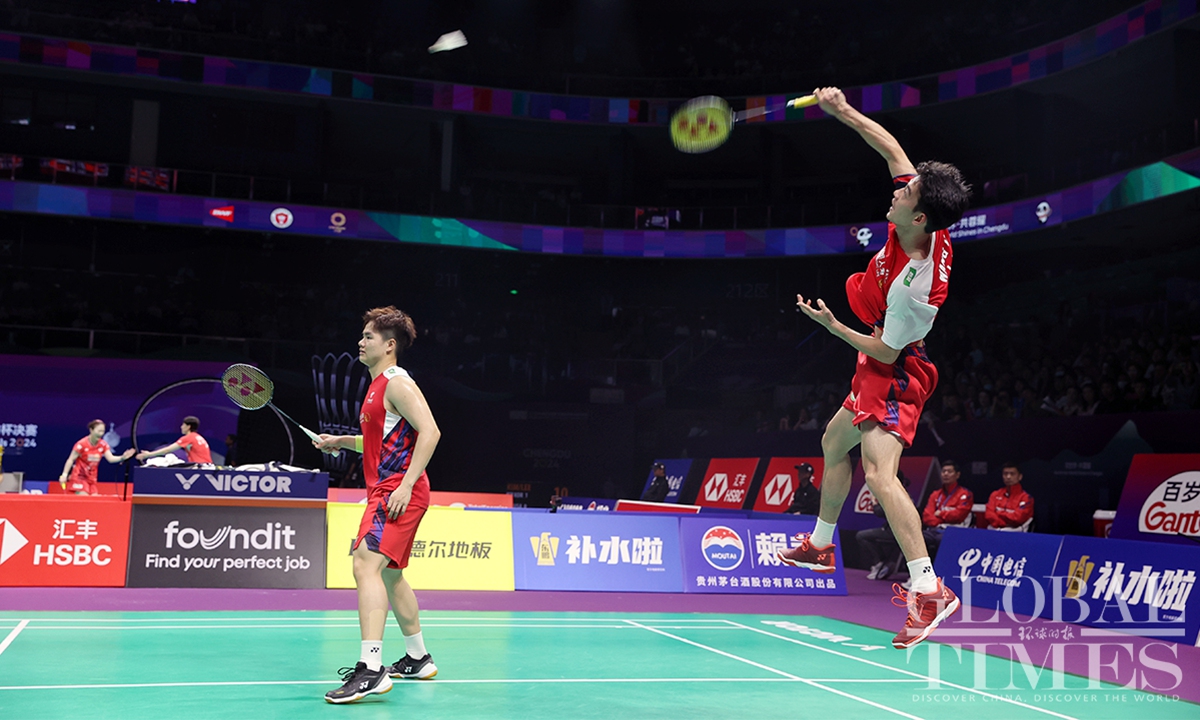On April 28, 2024, in the Thomas Cup, the top-ranked men's doubles pair from China, Liang Weikeng and Wang Chang, known as the Liang-Wang combination, defeated the Canadian pair of Kevin Lee and Alexander Lindeman with scores of 21-9, 21-18. In a post-match interview, Liang and Wang expressed their determination to maintain their world-class performance and strategic readiness as they prepare to face the formidable South Korean team. (Photo: Cui Meng/GT)