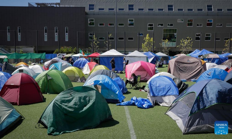 Pro-Palestinian protesters are seen in an encampment on the Vancouver campus of the University of British Columbia in Vancouver, British Columbia, Canada, on May 6, 2024.(Photo: Xinhua)