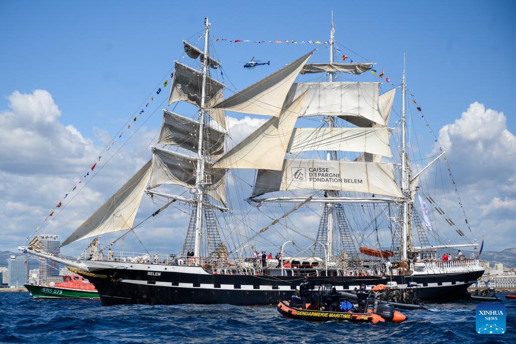 The Belem, a three-masted sailing ship carrying the Olympic flame, arrives in the southern French city of Marseille on May 8, 2024.(Photo: Xinhua)