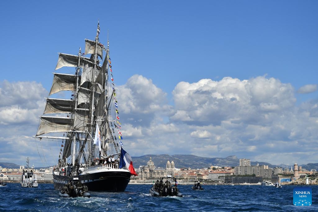 The Belem, a three-masted sailing ship carrying the Olympic flame, arrives in the southern French city of Marseille on May 8, 2024.(Photo: Xinhua)