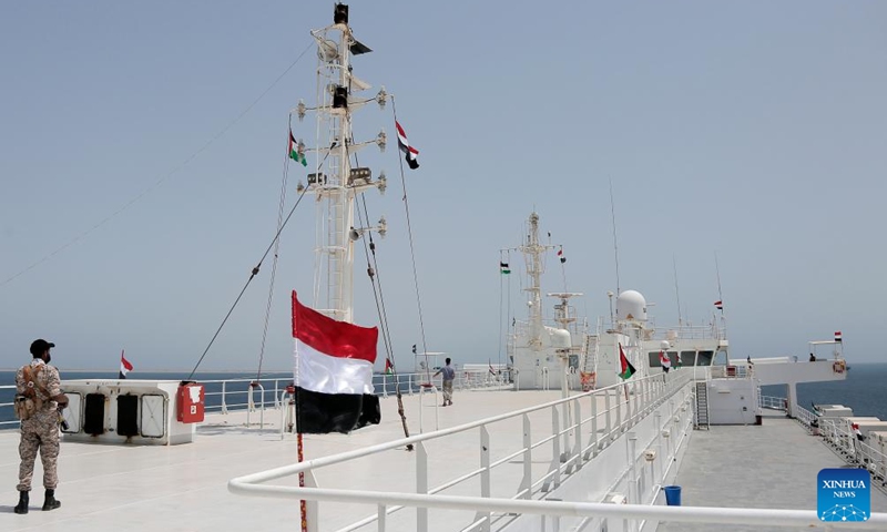 A Houthi group member stands on the deck of the Galaxy Leader near the port city of Hodeidah in western Yemen, May 12, 2024. A delegation from the International Committee of the Red Cross (ICRC) visited on Sunday the Galaxy Leader, a vehicle carrier hijacked by the Houthi group, and met with its crew near the port city of Hodeidah in western Yemen. Photo: Xinhua