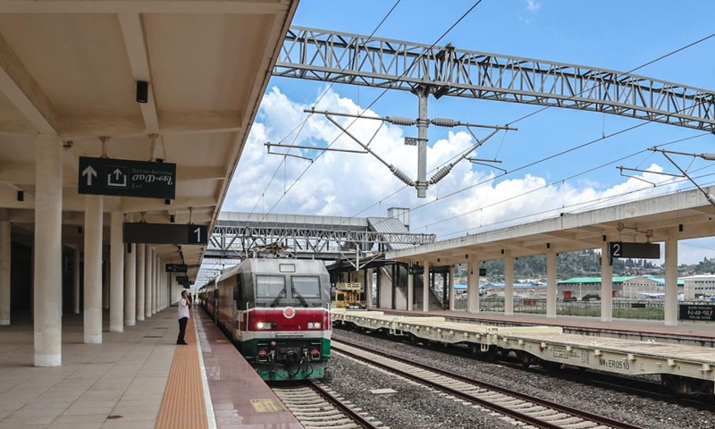 This photo taken on May 10, 2024 shows a train drives into the Lebu Railway Station in Addis Ababa, Ethiopia. The Chinese management contractors of Ethiopia-Djibouti standard gauge railway on Friday officially handed over the railway's management and operation to Ethiopia and Djibouti after six years of successful operation. Photo: Xinhua