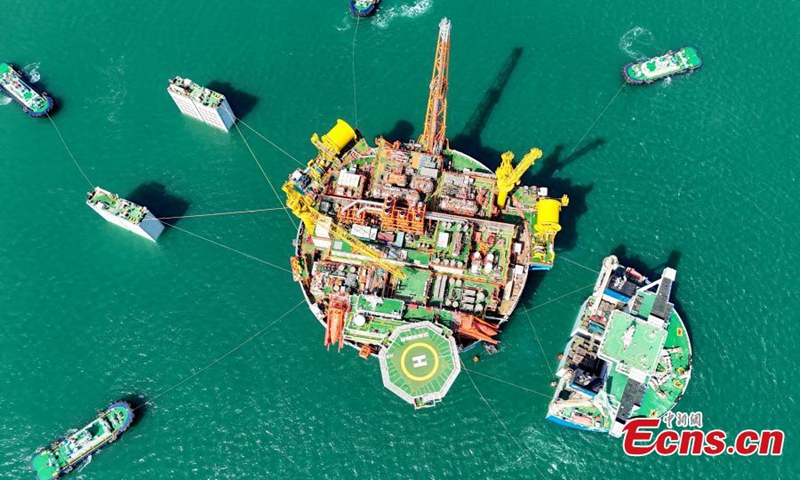 China's self developed cylindrical floating, production, storage and offloading (FPSO) facility, Haikui 1, sets sail from Qingdao, east China's Shandong Province, May 12, 2024. Photo provided to China News Service