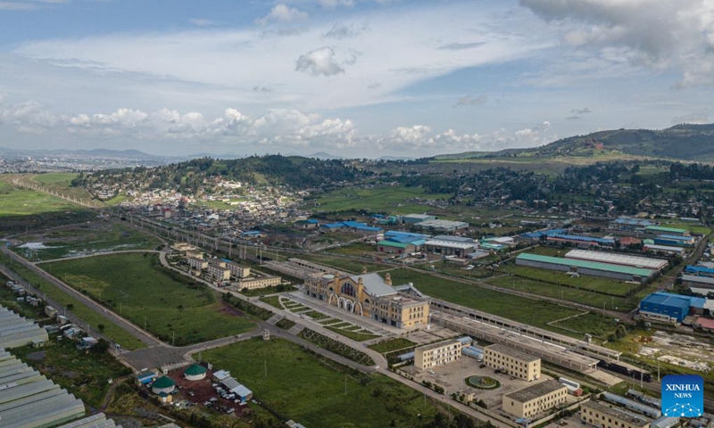 This aerial drone photo taken on Sept 11, 2023 shows the Lebu Railway Station in Addis Ababa, Ethiopia. The Chinese management contractors of Ethiopia-Djibouti standard gauge railway on Friday officially handed over the railway's management and operation to Ethiopia and Djibouti after six years of successful operation. Photo: Xinhua