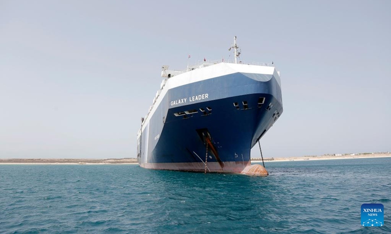 The Galaxy Leader is seen near the port city of Hodeidah in western Yemen, May 12, 2024. A delegation from the International Committee of the Red Cross (ICRC) visited on Sunday the Galaxy Leader, a vehicle carrier hijacked by the Houthi group, and met with its crew near the port city of Hodeidah in western Yemen. Photo: Xinhua