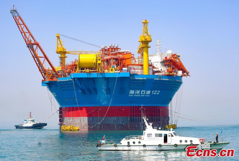 China's self developed cylindrical floating, production, storage and offloading (FPSO) facility, Haikui 1, sets sail from Qingdao, east China's Shandong Province, May 12, 2024. Photo provided to China News Service