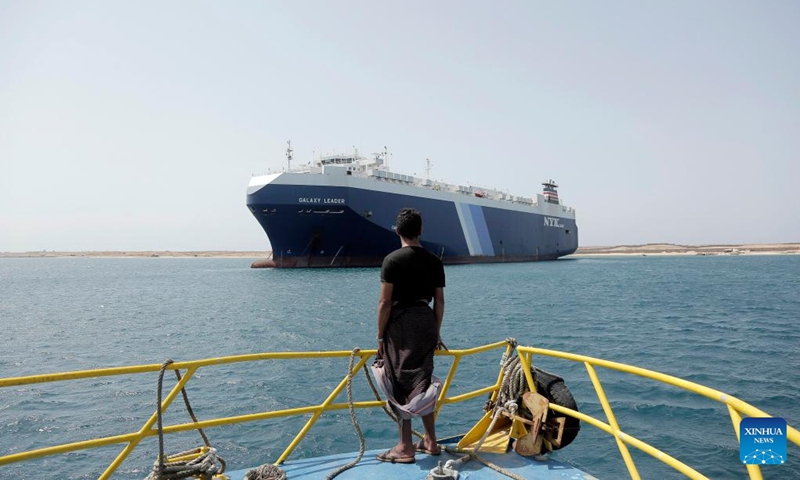 The Galaxy Leader is seen near the port city of Hodeidah in western Yemen, May 12, 2024. A delegation from the International Committee of the Red Cross (ICRC) visited on Sunday the Galaxy Leader, a vehicle carrier hijacked by the Houthi group, and met with its crew near the port city of Hodeidah in western Yemen. Photo: Xinhua