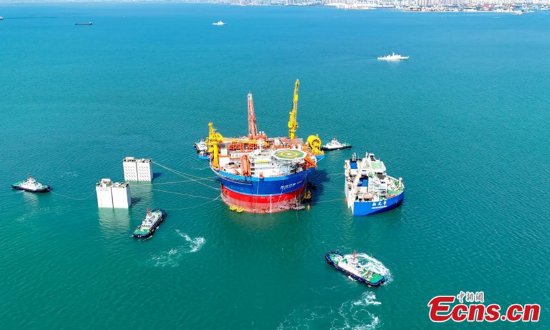 China's self developed cylindrical floating, production, storage and offloading (FPSO) facility, Haikui 1, sets sail from Qingdao, east China's Shandong Province, May 12, 2024. Photo provided to China News Service