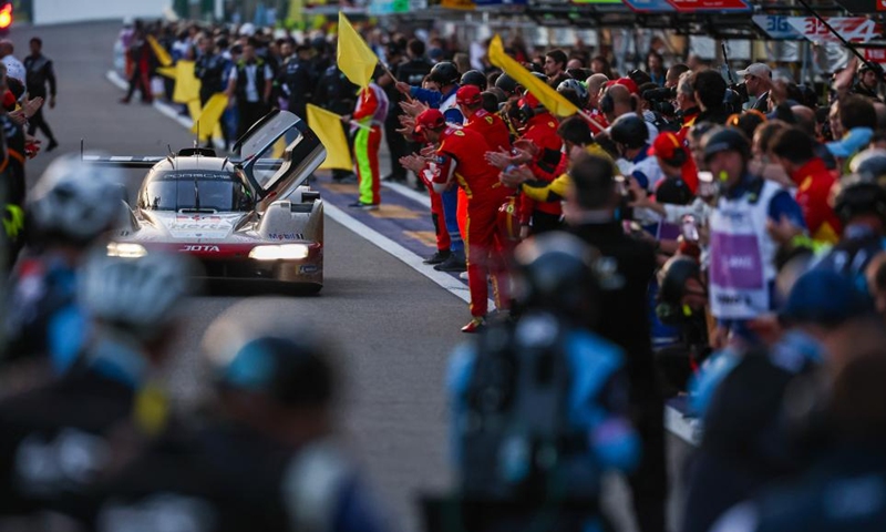 The #12 Hertz Team Jota's British drivers Will Stevens and Callum Ilott drive Porsche 963 after winning the Hypercar category race at the 2024 FIA World Endurance Championship (WEC) at Circuit de Spa-Francorchamps in Stavelot, Belgium, May 11, 2024. Photo: Xinhua