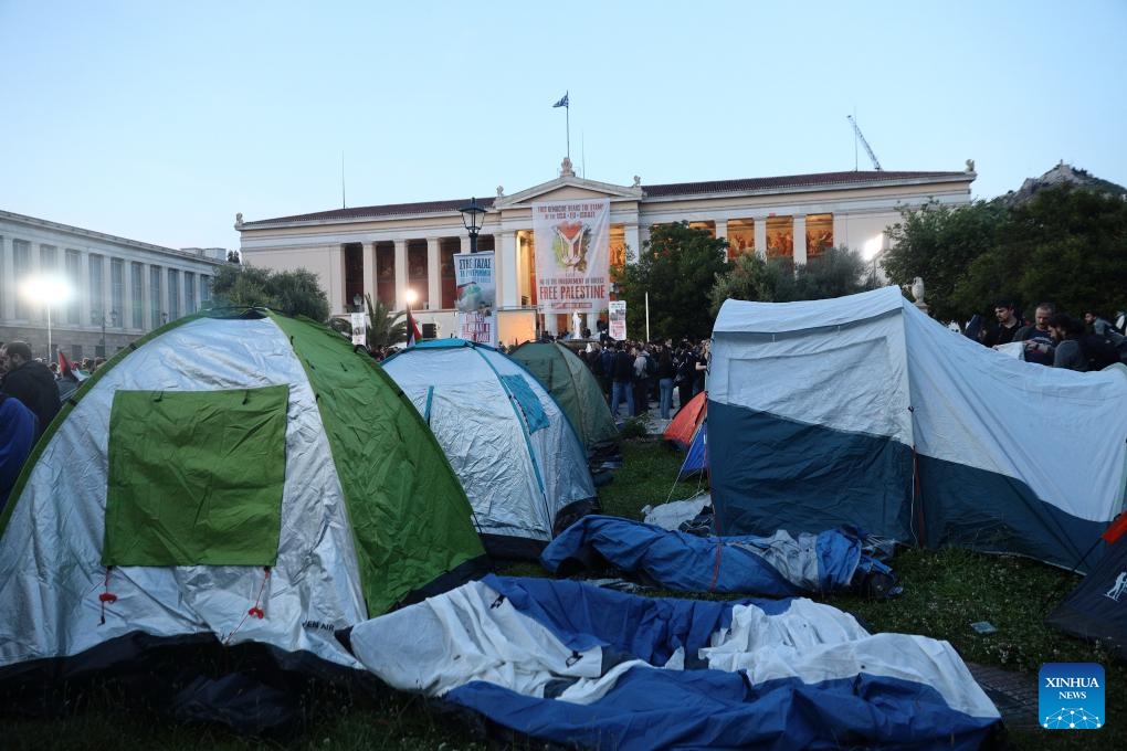 Students take part in a protest against the war in Gaza Strip, in Athens, Greece, on May 13, 2024.(Photo: Xinhua)