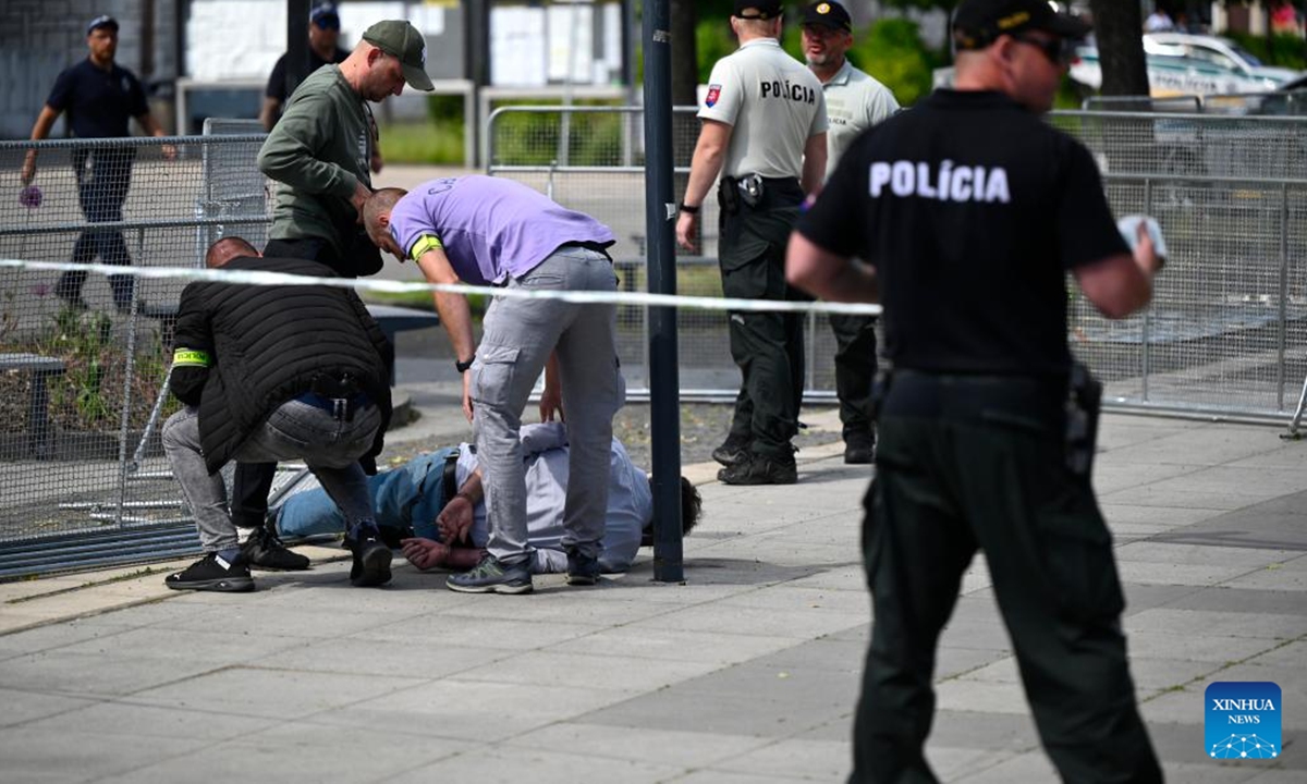 A man is detained on the site where Slovak Prime Minister Robert Fico was shot and wounded in Handlova, Slovakia, on May 15, 2024. Photo: Xinhua
