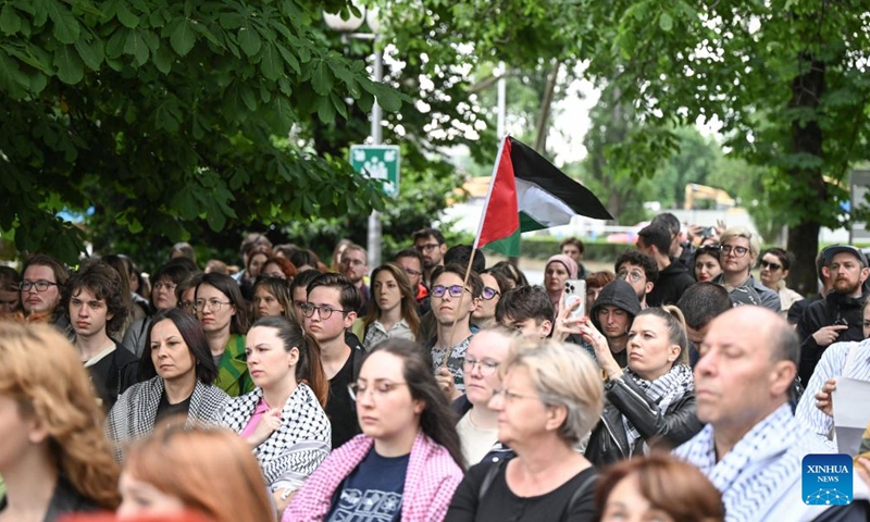 People take part in a pro-Palestinian protest in front of the Israeli embassy in Zagreb, Croatia, on May 16, 2024.(Photo: Xinhua)