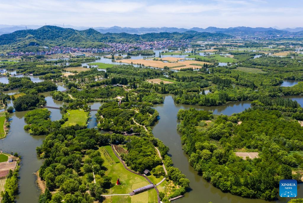 An aerial drone photo taken on May 16, 2024 shows a view of the Baita Lake national wetland park in Zhuji City, east China's Zhejiang Province. In recent years, Baita Lake national wetland park has implemented ecological restoration projects to improve the wetland ecological environment and promote the harmonious co-existence between man and nature.(Photo: Xinhua)
