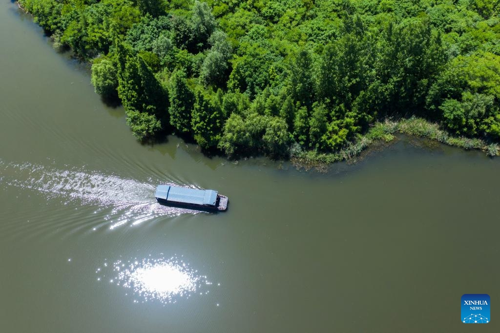 An aerial drone photo taken on May 16, 2024 shows a tourist boat at the Baita Lake national wetland park in Zhuji City, east China's Zhejiang Province. In recent years, Baita Lake national wetland park has implemented ecological restoration projects to improve the wetland ecological environment and promote the harmonious co-existence between man and nature.(Photo: Xinhua)