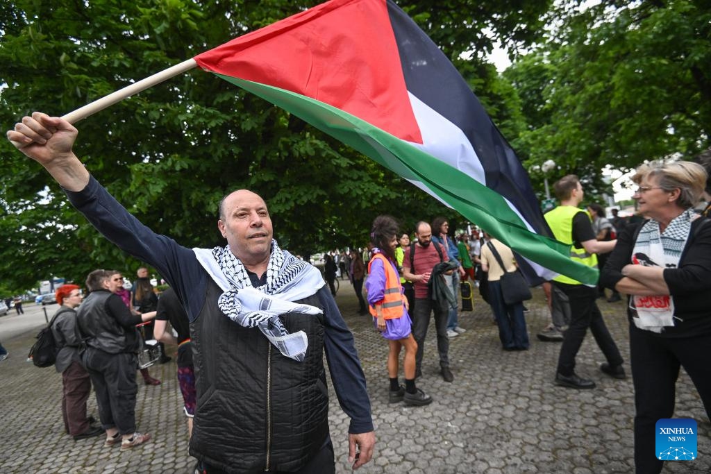 People take part in a pro-Palestinian protest in front of the Israeli embassy in Zagreb, Croatia, on May 16, 2024.(Photo: Xinhua)