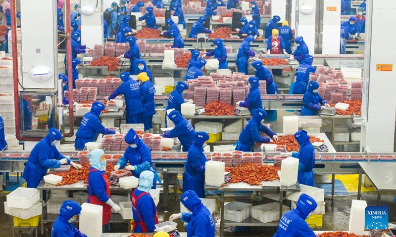 A drone photo taken on May 19, 2024 shows a crayfish workshop of a food company in Nanxian County in Yiyang, central China's Hunan Province. Nanxian County has been promoting the development of crayfish industry in recent years, with an output value hitting 16 billion yuan (about $2.215 billion). Photo: Xinhua