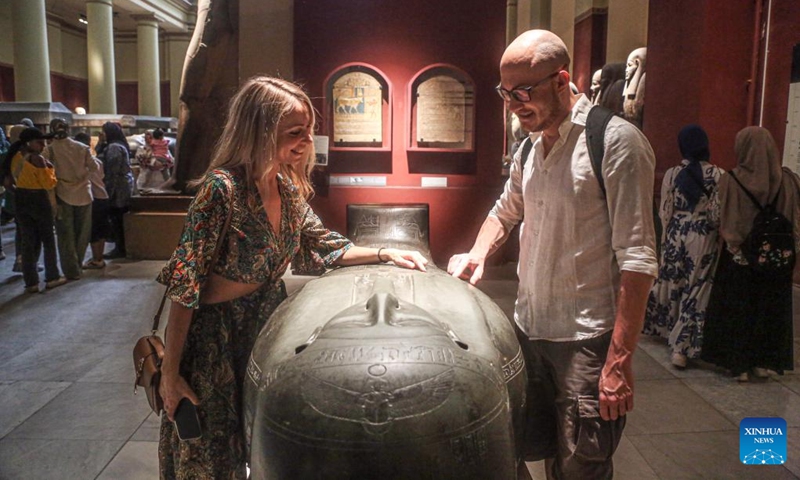 People look at a mummy sarcophagus at the Egyptian Museum during the International Museum Day in Cairo, Egypt, on May 18, 2024. Photo: Xinhua