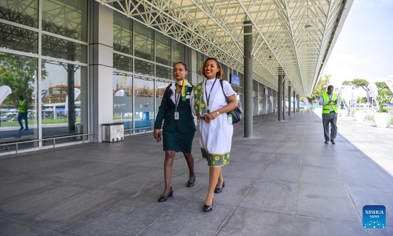 People walk outside the newly-built domestic passenger terminal at Bole International Airport in Addis Ababa, Ethiopia, on May 18, 2024. Ethiopian Airlines, Africa's largest and fastest-growing airline, inaugurated a Chinese-built domestic passenger terminal in Addis Ababa, the Ethiopian capital, on Saturday. Photo: Xinhua