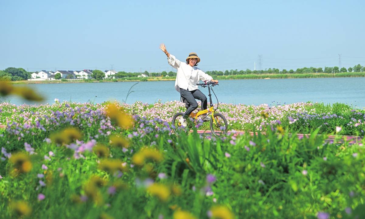 People ride around and enjoy the beautiful flowers in the Mingjingdang Water Conservancy Scenic Spot in Kunshan, East China's Jiangsu Province, on May 18, 2024.Photo: VCG