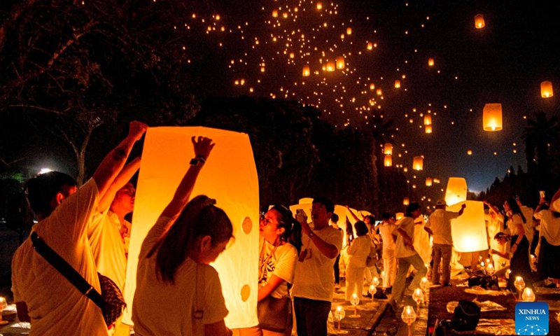 People release sky lanterns during Vesak Day celebrations at Borobudur temple in Magelang, Central Java, Indonesia, May 23, 2024. (Photo by Agung Supriyanto/Xinhua)