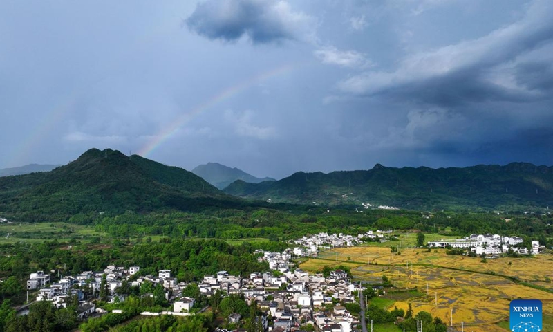 An aerial drone photo taken on May 23, 2024 shows the scenery after a rain in Hongcun Township of Yixian County, east China's Anhui Province. (Xinhua/Du Yu)