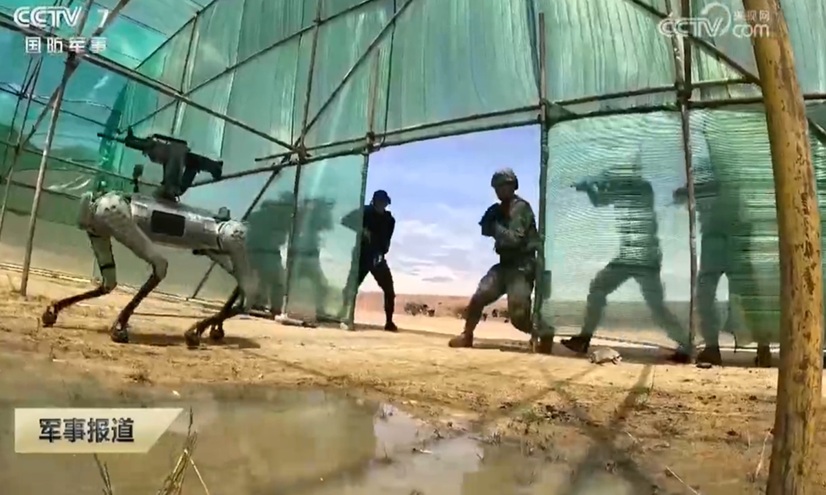 A robot dog equipped with a QBZ-95 rifle spearheads an assault into a building during the China-Cambodia Golden Dragon-2024 joint exercise in May 2024. Photo: Screenshot from China Central Television
