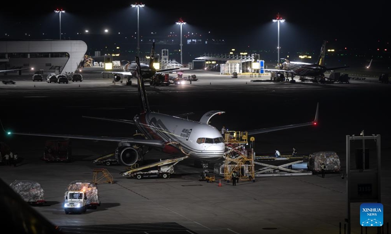 This photo taken on May 25, 2024 shows a view of the Ezhou Huahu Airport in Ezhou, central China's Hubei Province. The Ezhou Huahu Airport, an all-cargo hub airport starting operations in July 2022, is now running 48 domestic routes and 17 international routes. The airport owns a 750,000-square meter cargo transfer center with parcel sorting lines adding up to 52 kilometers, and its international throughput has exceeded 80,000 tonnes. (Photo:Xinhua)