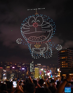 A drone light show featuring Doraemon is seen in Hong Kong, south China, May 25, 2024. (Photo:Xinhua)