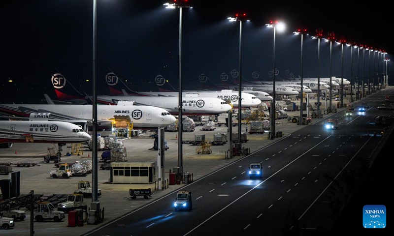 This photo taken on May 25, 2024 shows a view of the Ezhou Huahu Airport in Ezhou, central China's Hubei Province. The Ezhou Huahu Airport, an all-cargo hub airport starting operations in July 2022, is now running 48 domestic routes and 17 international routes. The airport owns a 750,000-square meter cargo transfer center with parcel sorting lines adding up to 52 kilometers, and its international throughput has exceeded 80,000 tonnes. (Photo:Xinhua)