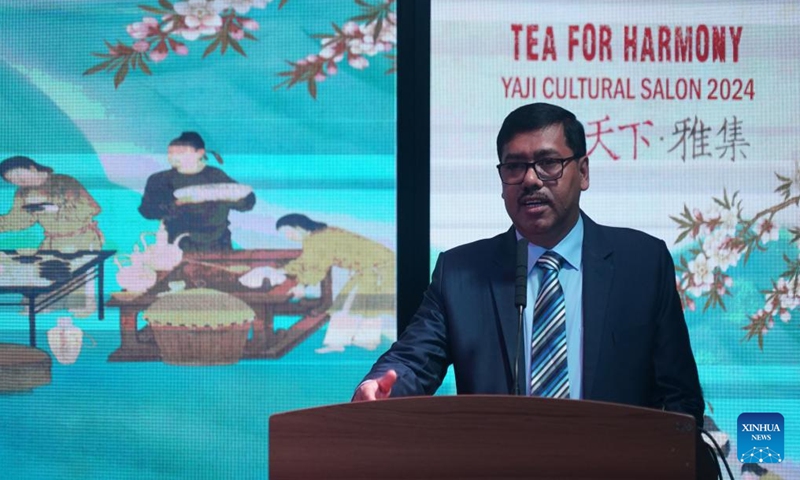 HM Jahangir Alam Rana, general secretary of Bangladesh-China Friendship Center, delivers a speech during a program of Tea for Harmony Yaji Cultural Salon 2024 held in Dhaka, Bangladesh, May 22, 2024. Two programs of Tea for Harmony Yaji Cultural Salon 2024 were held in Bangladesh's capital Dhaka this week, with hundreds of local people attending to appreciate the uniqueness of Chinese tea culture. (Photo:Xinhua)