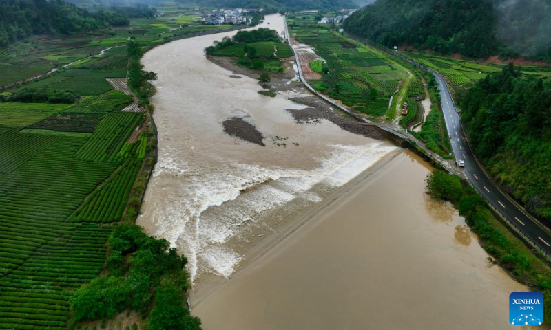 An aerial drone photo taken on June 16, 2024 shows the flood in Wuyishan of Nanping city, East China's Fujian Province. Photo: Xinhua