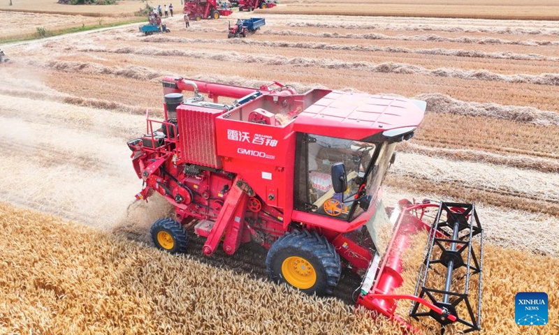 A drone photo shows a reaper working in the wheat fields in Xiezhuang Village in Zhengyang County, Zhumadian City of central China's Henan Province, May 24, 2024. (Photo: Xinhua)