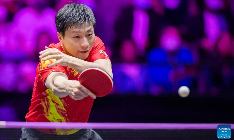 Ma Long of China hits a return during the men's singles semifinal against Alexis <strong></strong>Lebrun of France at the WTT Champions Macao 2023 in Macao, South China, April 22, 2023. Photo: Xinhua