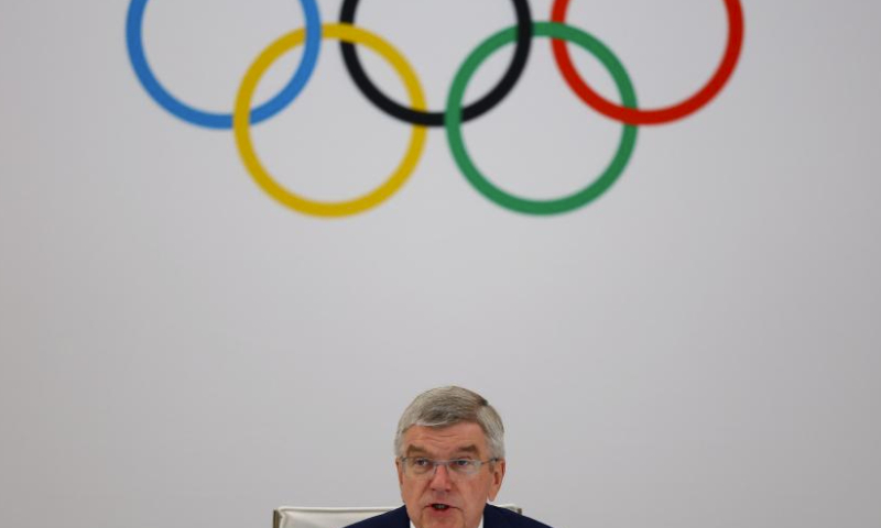 International Olympic Committee (IOC) President Thomas Bach delivers a speech during the IOC Executive Board meeting in Paris, July 20, 2024. (Kai Pfaffenbach/Reuters/Pool via Xinhua)