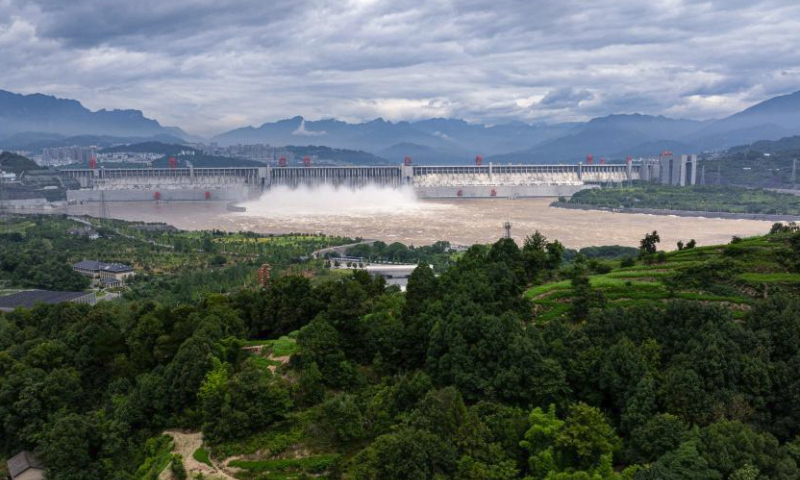 An aerial drone photo taken on July 20, 2024 shows a view of the Three Gorges Dam in central China's Hubei Province. The Three Gorges reservoir has continued to discharge water, as its inflow of water has significantly increased due to recent rainfalls on the upper reaches of the Yangtze River. (Xinhua/Xiao Yijiu)