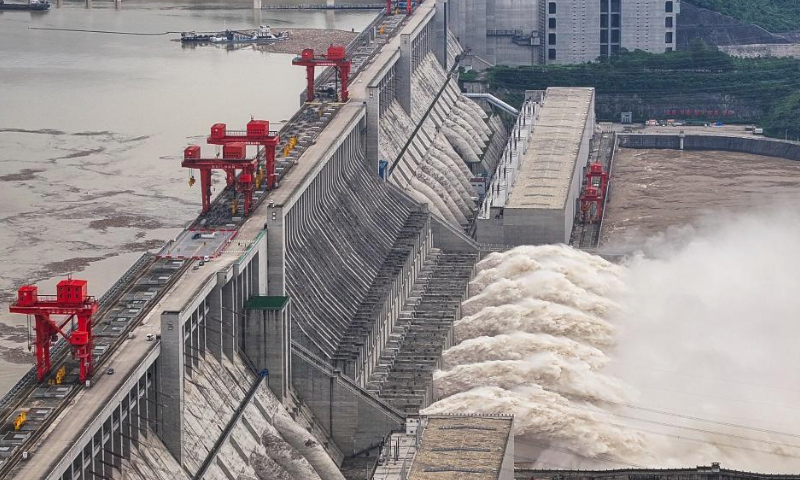 An aerial drone photo taken on July 20, 2024 shows a view of the Three Gorges Dam in central China's Hubei Province. The Three Gorges reservoir has continued to discharge water, as its inflow of water has significantly increased due to recent rainfalls on the upper reaches of the Yangtze River. (Xinhua/Xiao Yijiu)